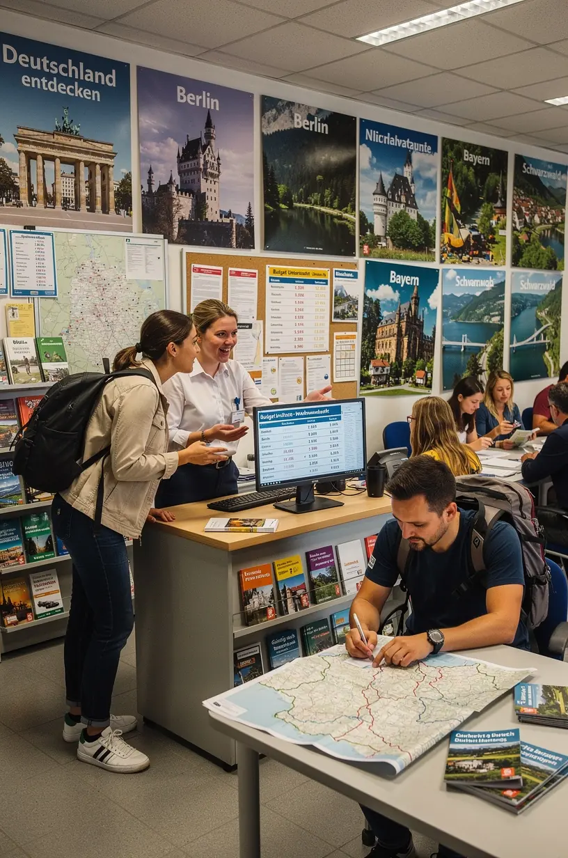 Touristen informieren sich an einem Touristeninformationspunkt über preiswerte Ausflüge